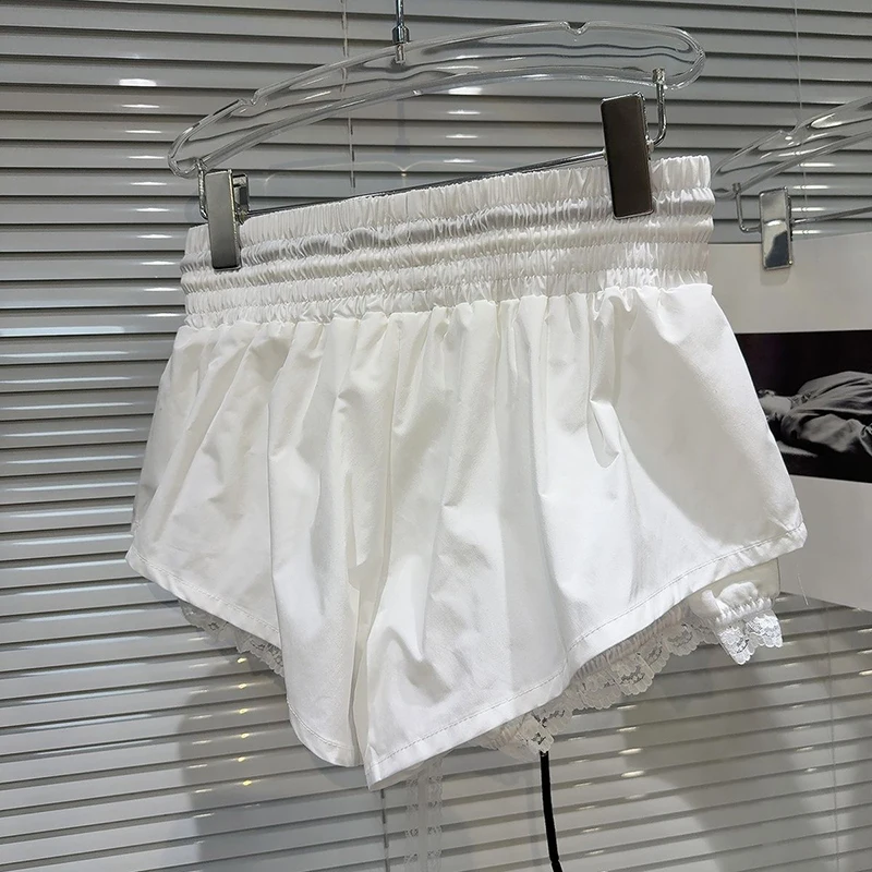 New Bottoms Korean Shorts Women High Waist Casual Patchwork Lace Wide Leg Shorts Bandage Chic Summer Pantalones Cortos De Mujer