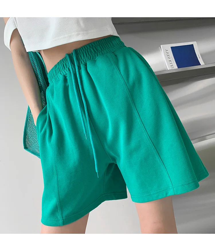 Rose Red Casual Summer Shorts for Women Loose Wide Leg Elastic Waist Drawstring Short Woman Solid Color Sports Short with Pocket