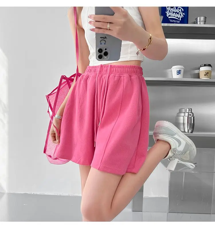 Rose Red Casual Summer Shorts for Women Loose Wide Leg Elastic Waist Drawstring Short Woman Solid Color Sports Short with Pocket