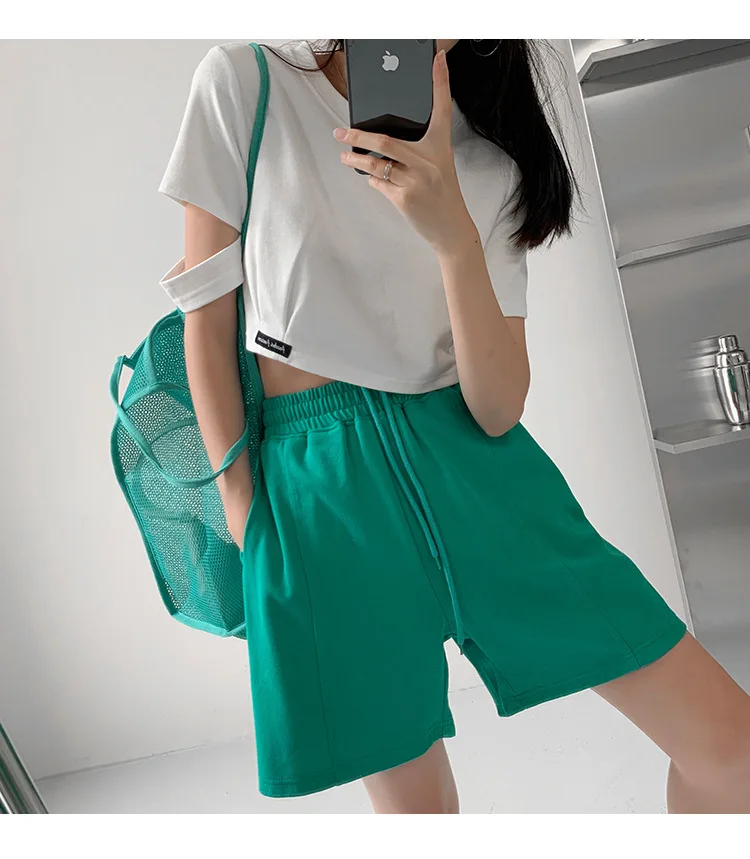 Rose Red Casual Summer Shorts for Women Loose Wide Leg Elastic Waist Drawstring Short Woman Solid Color Sports Short with Pocket