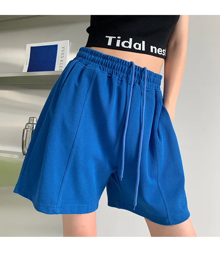Rose Red Casual Summer Shorts for Women Loose Wide Leg Elastic Waist Drawstring Short Woman Solid Color Sports Short with Pocket