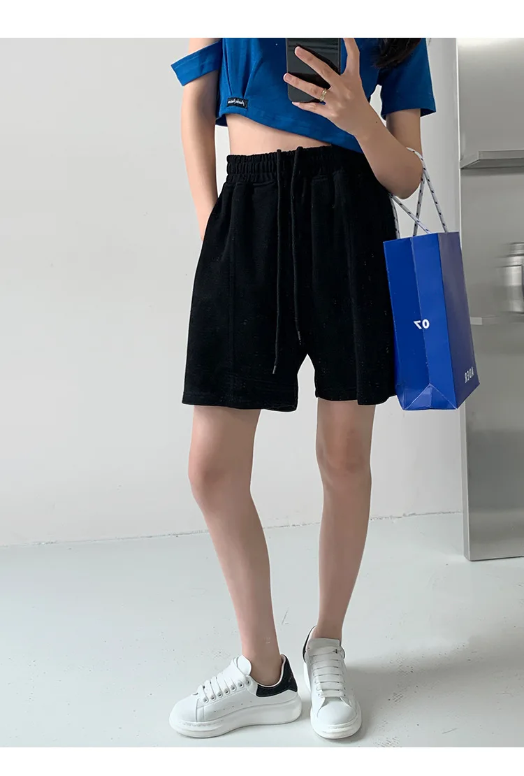Rose Red Casual Summer Shorts for Women Loose Wide Leg Elastic Waist Drawstring Short Woman Solid Color Sports Short with Pocket