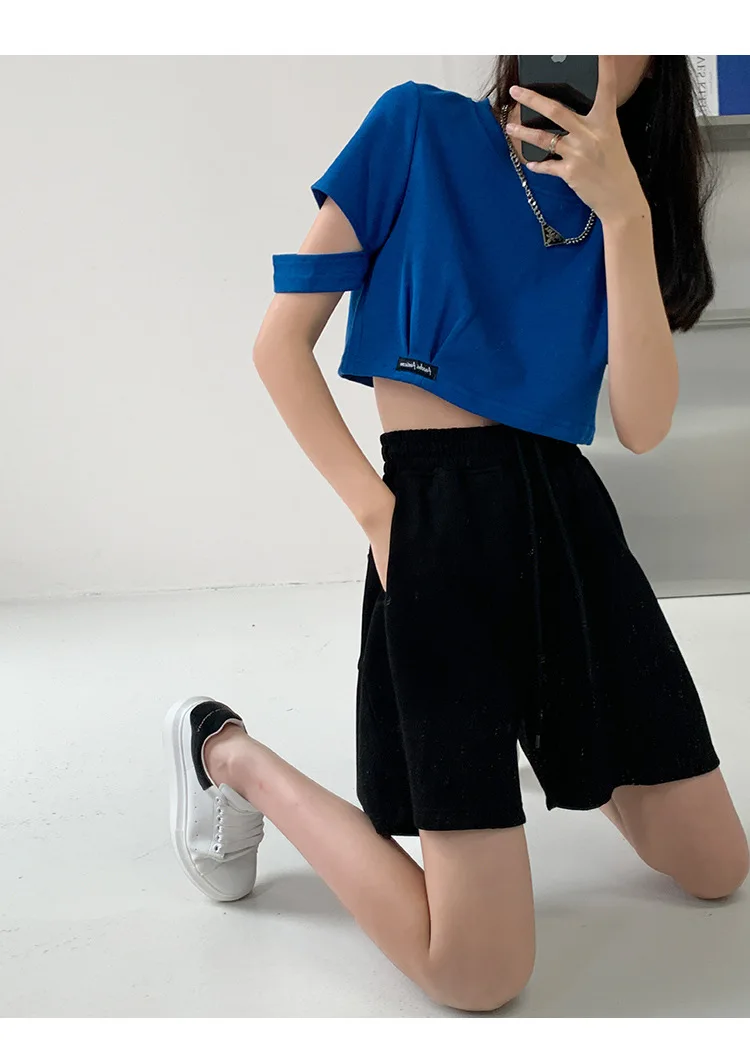 Rose Red Casual Summer Shorts for Women Loose Wide Leg Elastic Waist Drawstring Short Woman Solid Color Sports Short with Pocket