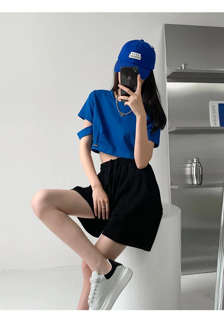 Rose Red Casual Summer Shorts for Women Loose Wide Leg Elastic Waist Drawstring Short Woman Solid Color Sports Short with Pocket