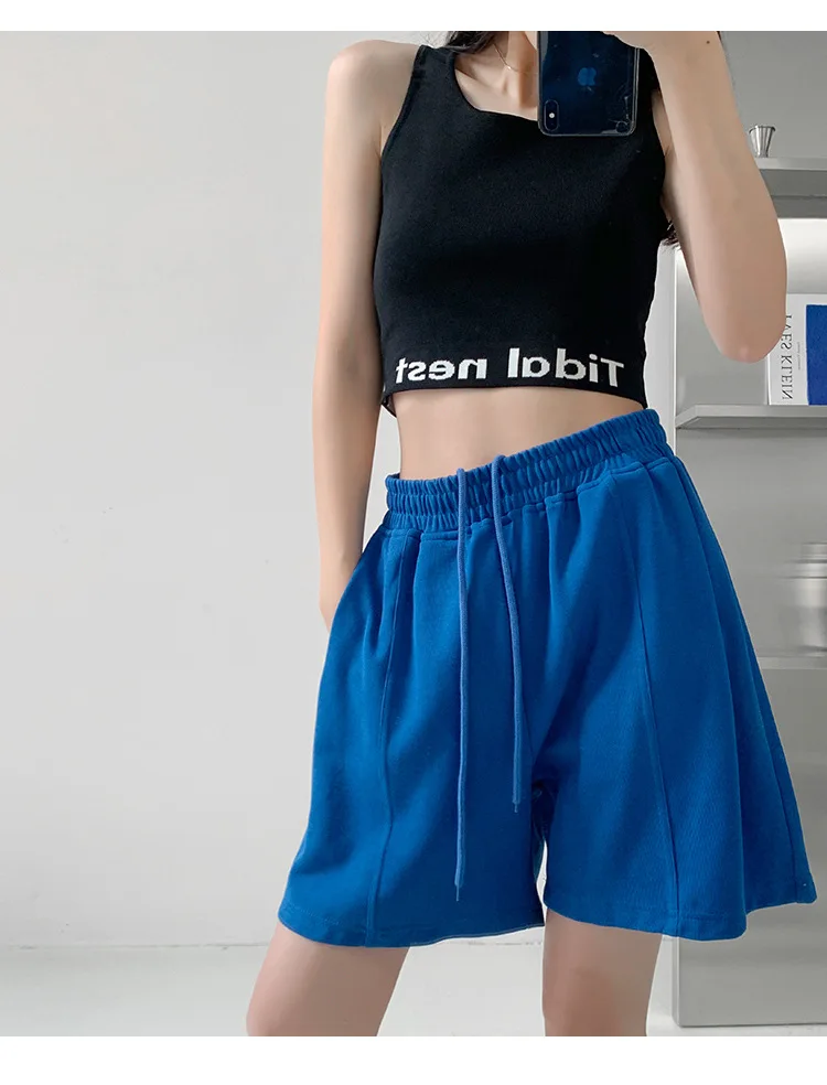 Rose Red Casual Summer Shorts for Women Loose Wide Leg Elastic Waist Drawstring Short Woman Solid Color Sports Short with Pocket