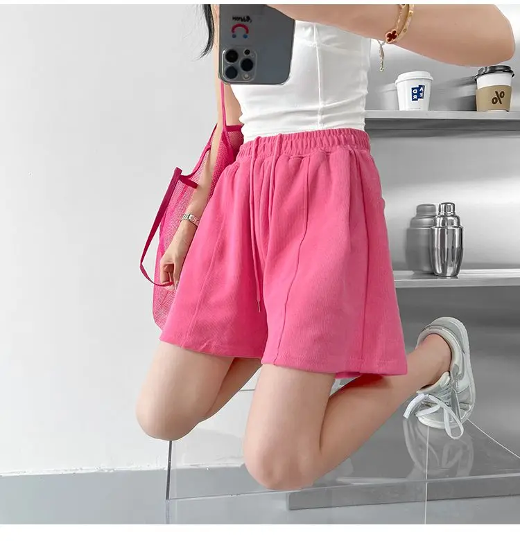 Rose Red Casual Summer Shorts for Women Loose Wide Leg Elastic Waist Drawstring Short Woman Solid Color Sports Short with Pocket