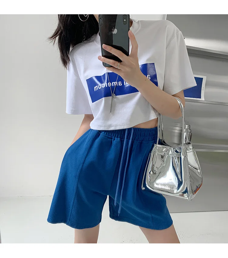 Rose Red Casual Summer Shorts for Women Loose Wide Leg Elastic Waist Drawstring Short Woman Solid Color Sports Short with Pocket