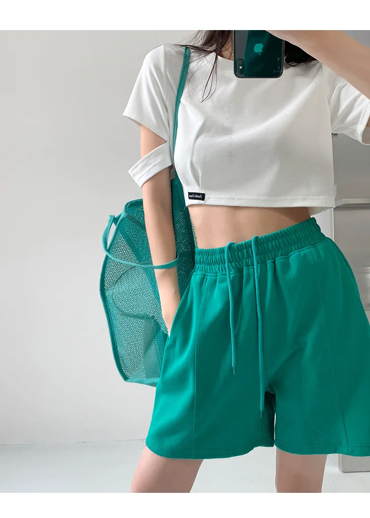 Rose Red Casual Summer Shorts for Women Loose Wide Leg Elastic Waist Drawstring Short Woman Solid Color Sports Short with Pocket