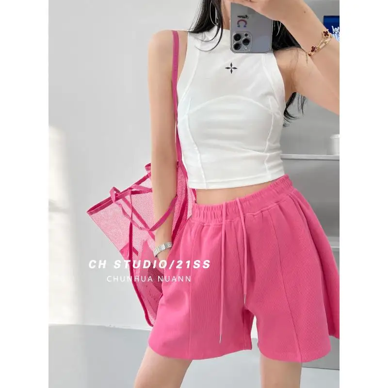 Rose Red Casual Summer Shorts for Women Loose Wide Leg Elastic Waist Drawstring Short Woman Solid Color Sports Short with Pocket