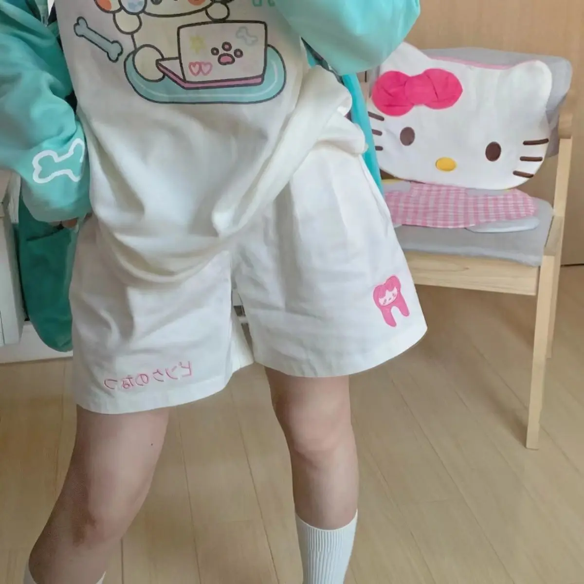 HOUZHOU Kawaii Japanese Style Beige Shorts Sweet Cute Cartoon Embroidery Wide Leg Pants Soft Girls Korean Style Oversize Sports