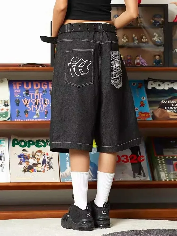 HOUZHOU Kawaii Japanese Style Beige Shorts Sweet Cute Cartoon Embroidery Wide Leg Pants Soft Girls Korean Style Oversize Sports