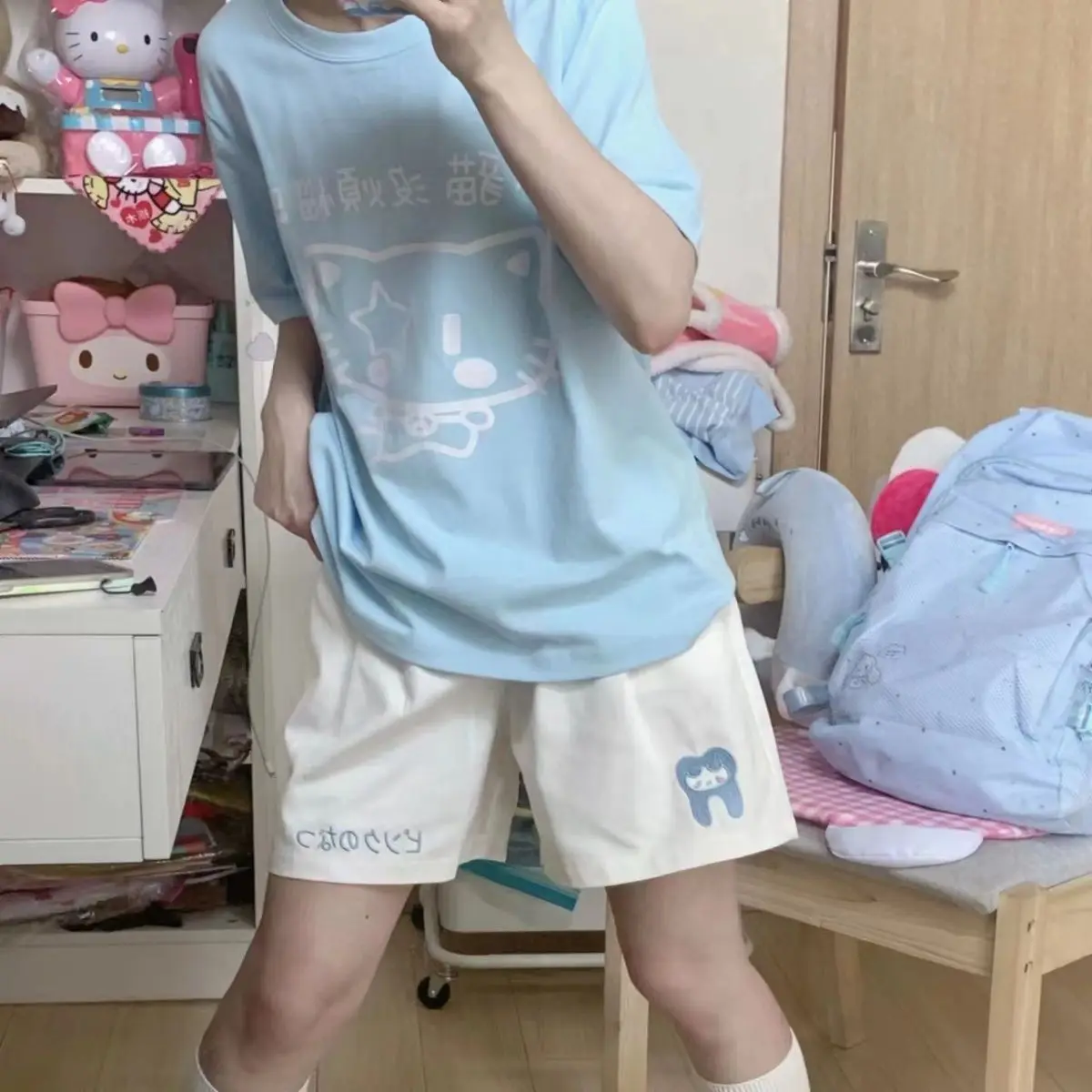 HOUZHOU Kawaii Japanese Style Beige Shorts Sweet Cute Cartoon Embroidery Wide Leg Pants Soft Girls Korean Style Oversize Sports