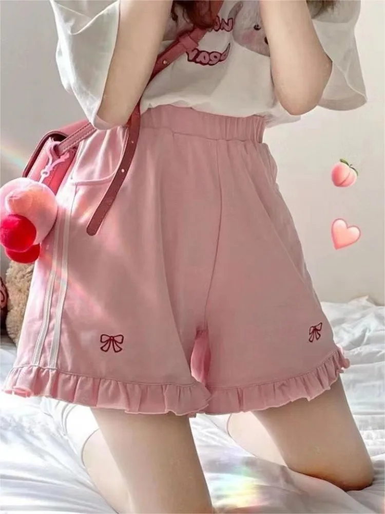 HOUZHOU Kawaii Japanese Style Beige Shorts Sweet Cute Cartoon Embroidery Wide Leg Pants Soft Girls Korean Style Oversize Sports
