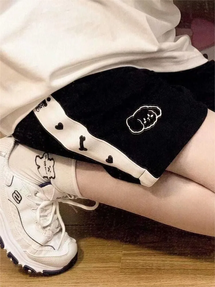 HOUZHOU Kawaii Japanese Style Beige Shorts Sweet Cute Cartoon Embroidery Wide Leg Pants Soft Girls Korean Style Oversize Sports
