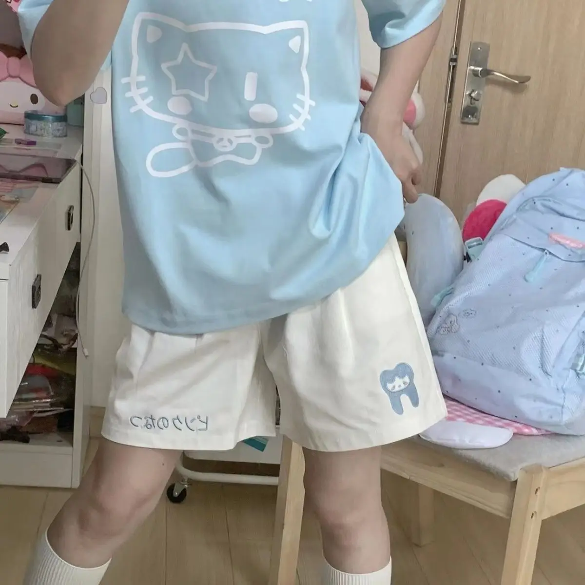 HOUZHOU Kawaii Japanese Style Beige Shorts Sweet Cute Cartoon Embroidery Wide Leg Pants Soft Girls Korean Style Oversize Sports