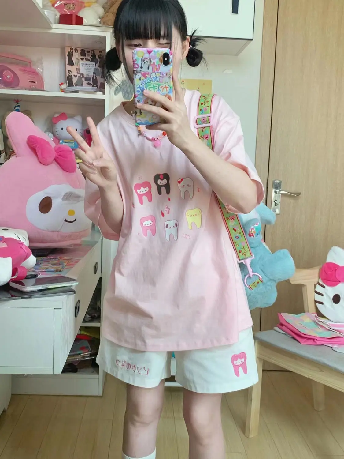 HOUZHOU Kawaii Japanese Style Beige Shorts Sweet Cute Cartoon Embroidery Wide Leg Pants Soft Girls Korean Style Oversize Sports