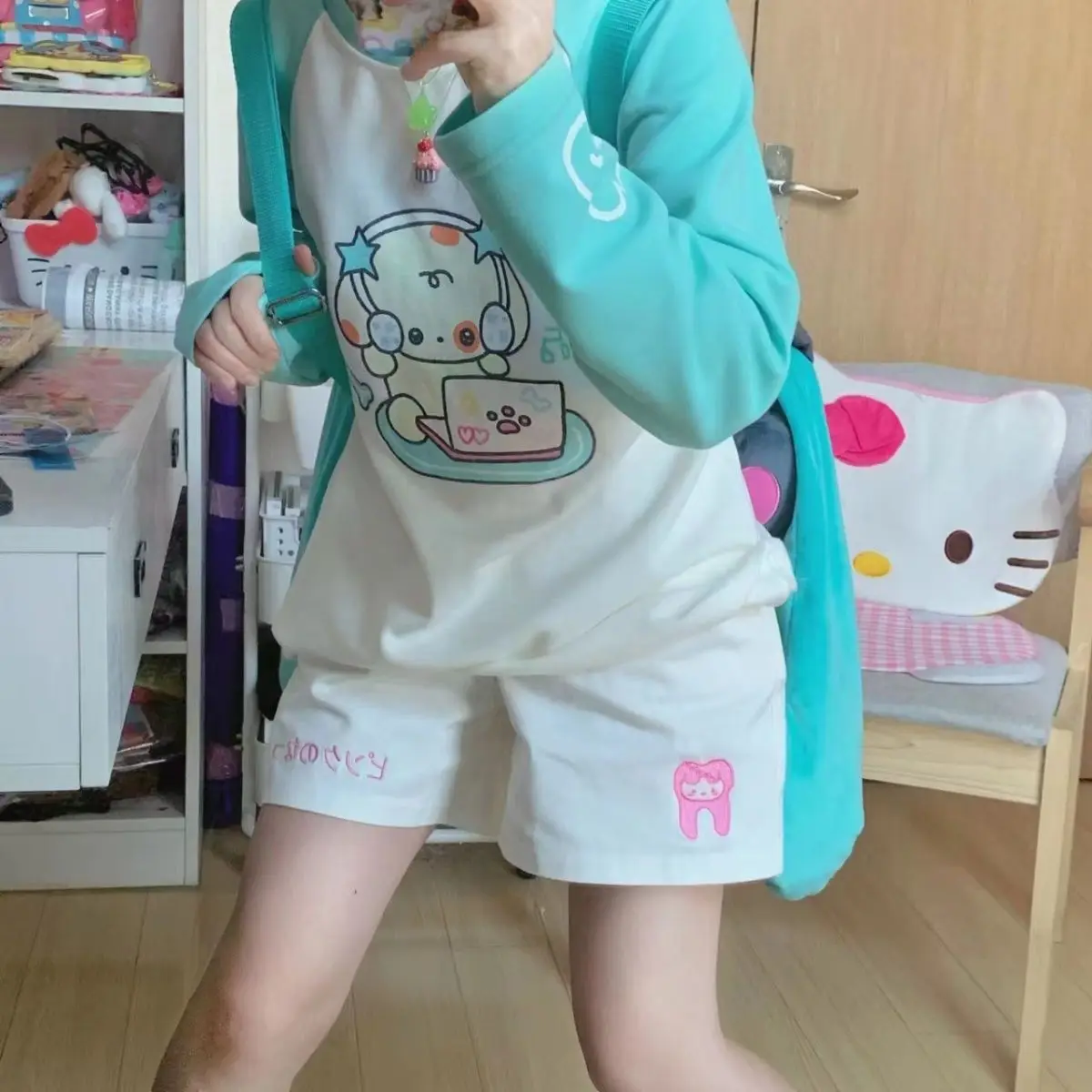 HOUZHOU Kawaii Japanese Style Beige Shorts Sweet Cute Cartoon Embroidery Wide Leg Pants Soft Girls Korean Style Oversize Sports