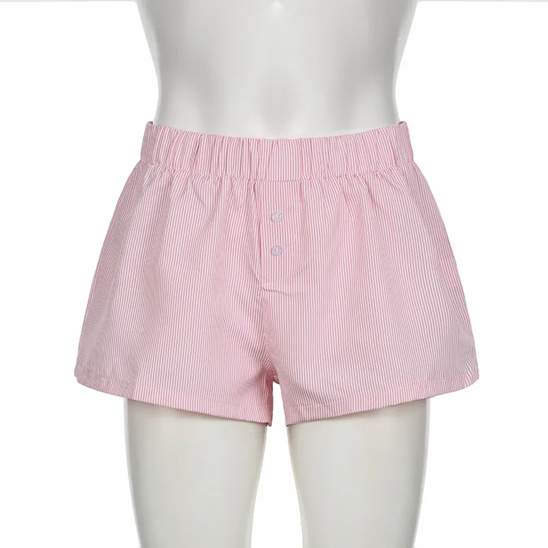 Women's Striped Print Casual Elastic Waist Shorts Fashion Button Detail Streetwear Chic Y2K Loose Fit Basic Summer Shorts