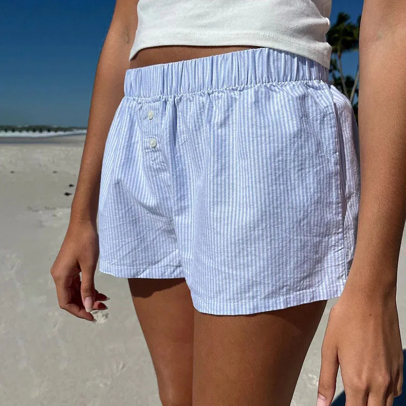 Women's Striped Print Casual Elastic Waist Shorts Fashion Button Detail Streetwear Chic Y2K Loose Fit Basic Summer Shorts