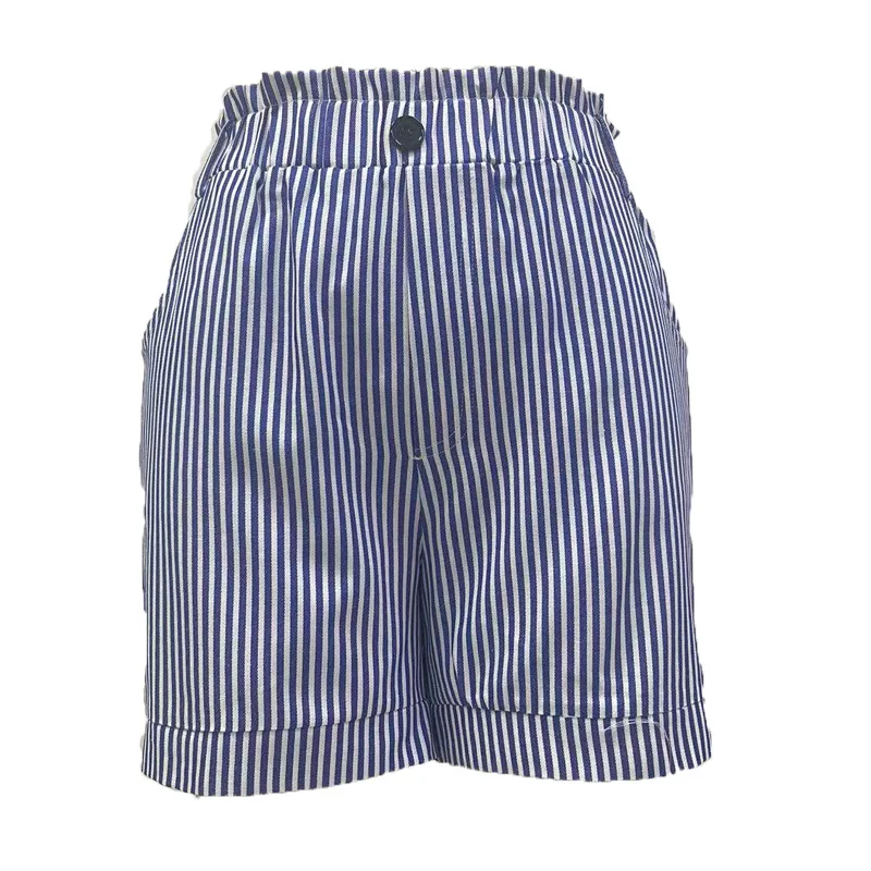 Women Striped Shorts Summer High Waist One Button Slim Pocket OL Half Pants MQQ-M23064