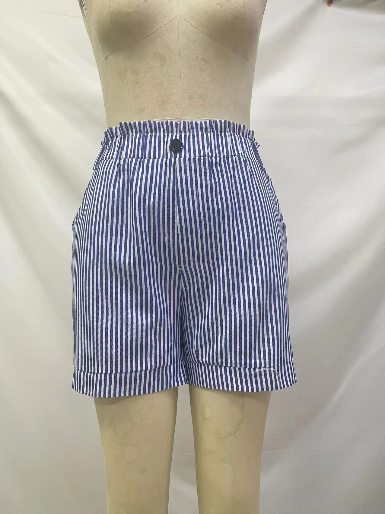 Women Striped Shorts Summer High Waist One Button Slim Pocket OL Half Pants MQQ-M23064