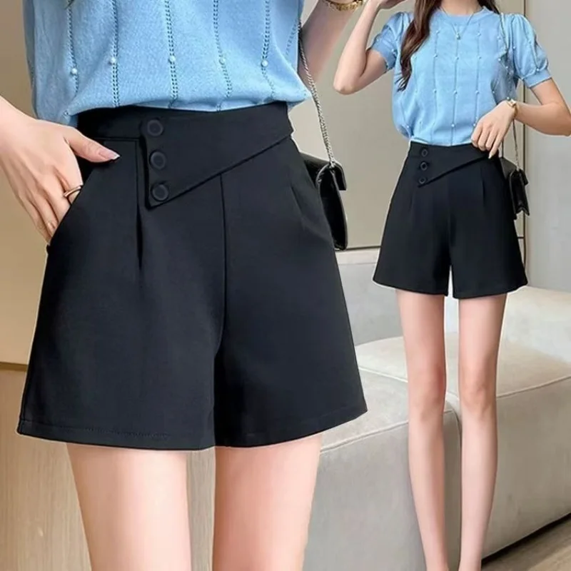 Elegant Office Lady's Black Shorts Matching Women's Wide Leg Shorts Chic Casual Loose Shorts 2025 Summer New Trend Female Pants