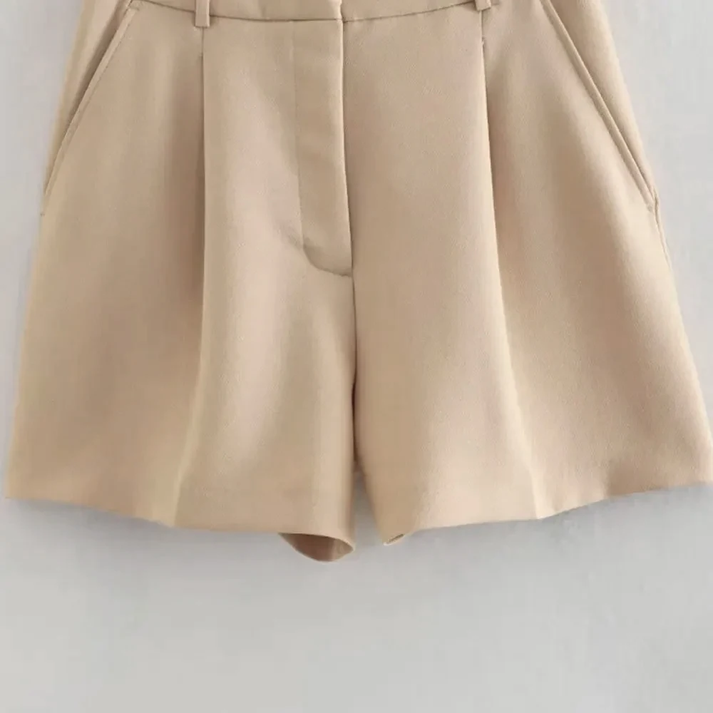 Women Fashion Side Pockets Front Darts Bermuda Shorts Vintage High Waist Zipper Fly Female Short Pants Mujer