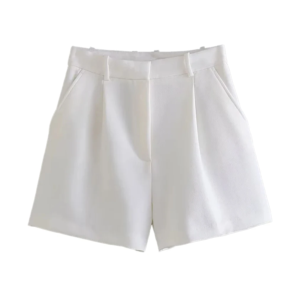 Women Fashion Side Pockets Front Darts Bermuda Shorts Vintage High Waist Zipper Fly Female Short Pants Mujer