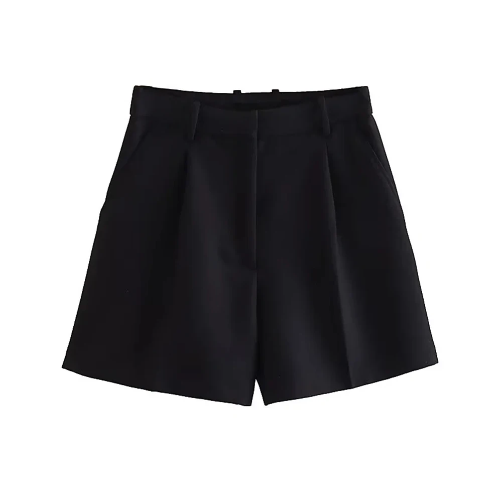 Women Fashion Side Pockets Front Darts Bermuda Shorts Vintage High Waist Zipper Fly Female Short Pants Mujer