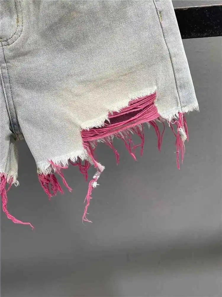 Korean Style Pink Hole Denim Shorts Women Summer New High Waist Raw Edge A-line Hot Girls Shorts Fashion Niche Slim Hot Pants