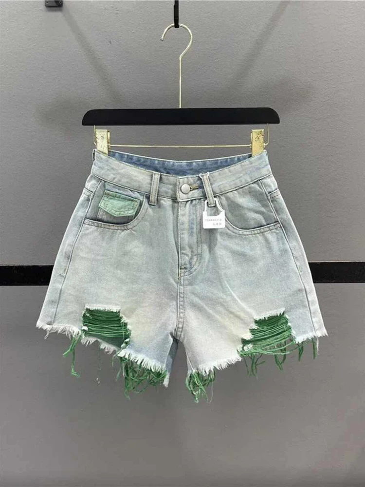 Korean Style Pink Hole Denim Shorts Women Summer New High Waist Raw Edge A-line Hot Girls Shorts Fashion Niche Slim Hot Pants