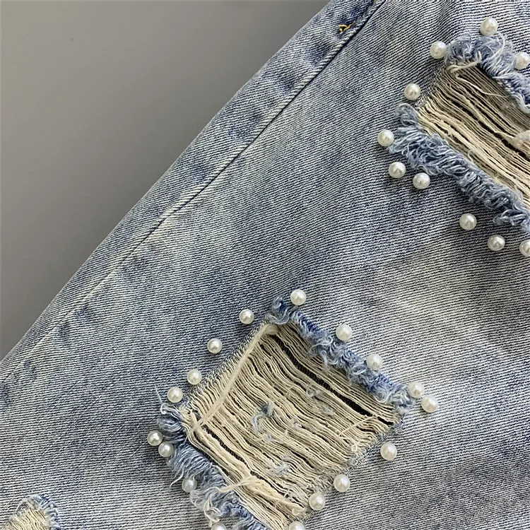 Denim Shorts Womens Heavy Industry Beauty Map Tassel Sequins Beads Broken Hole Five-point Denim Shorts Summer Y2K Straight Pants