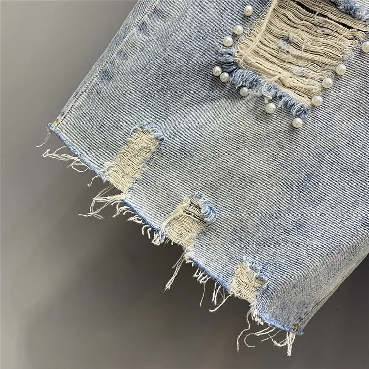 Denim Shorts Womens Heavy Industry Beauty Map Tassel Sequins Beads Broken Hole Five-point Denim Shorts Summer Y2K Straight Pants
