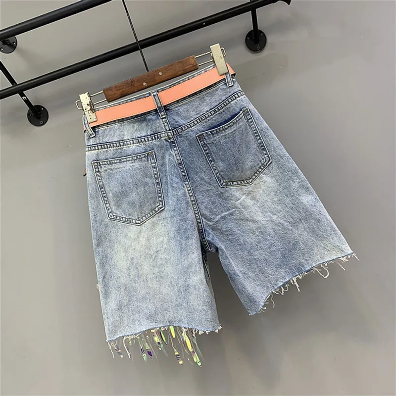 Denim Shorts Womens Heavy Industry Beauty Map Tassel Sequins Beads Broken Hole Five-point Denim Shorts Summer Y2K Straight Pants