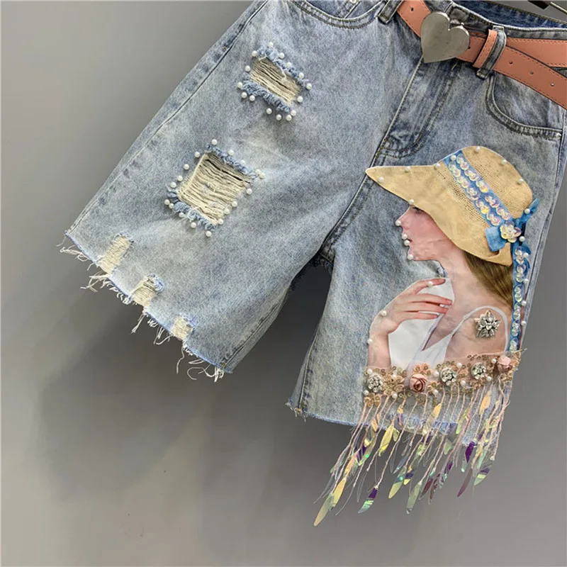 Denim Shorts Womens Heavy Industry Beauty Map Tassel Sequins Beads Broken Hole Five-point Denim Shorts Summer Y2K Straight Pants