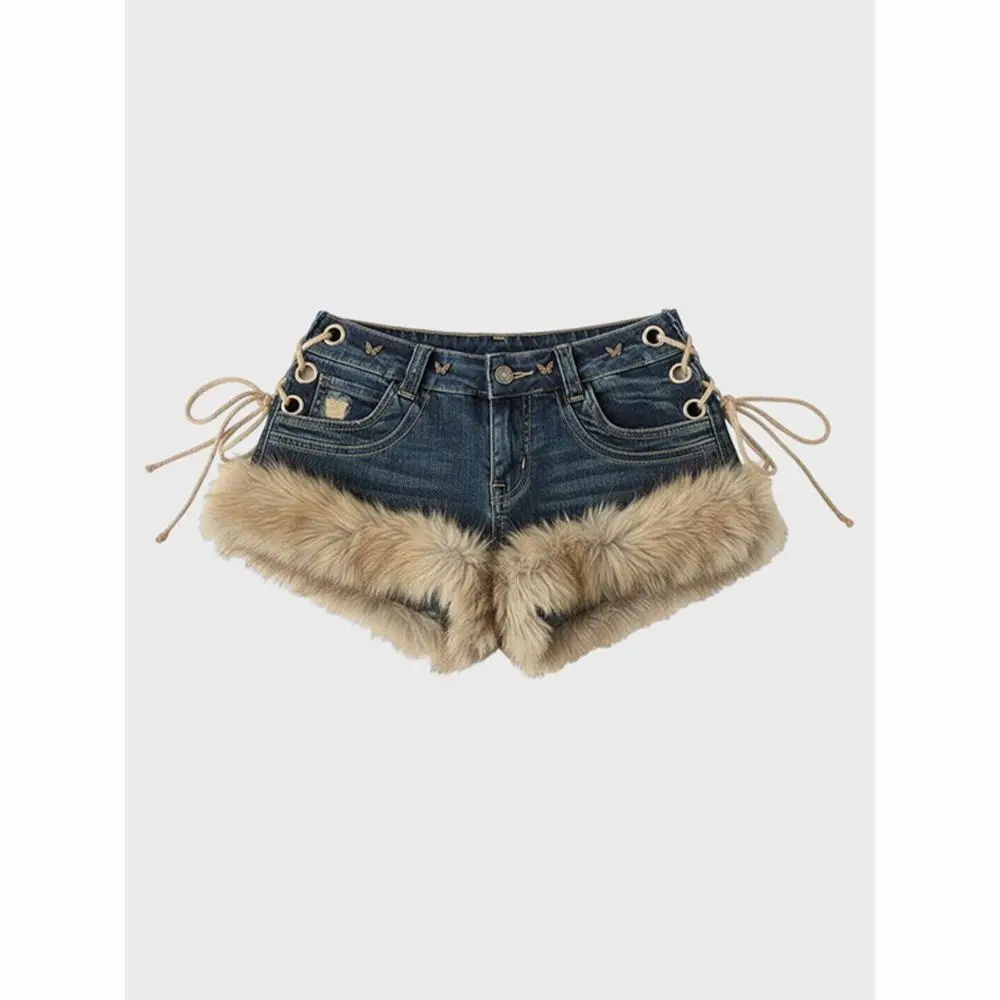 Women's Faux Fur Trim Low Rise Denim Shorts Grommet Lace-Up Sides, Retro Washed, Y2K Party & Clubwear Hot Pants