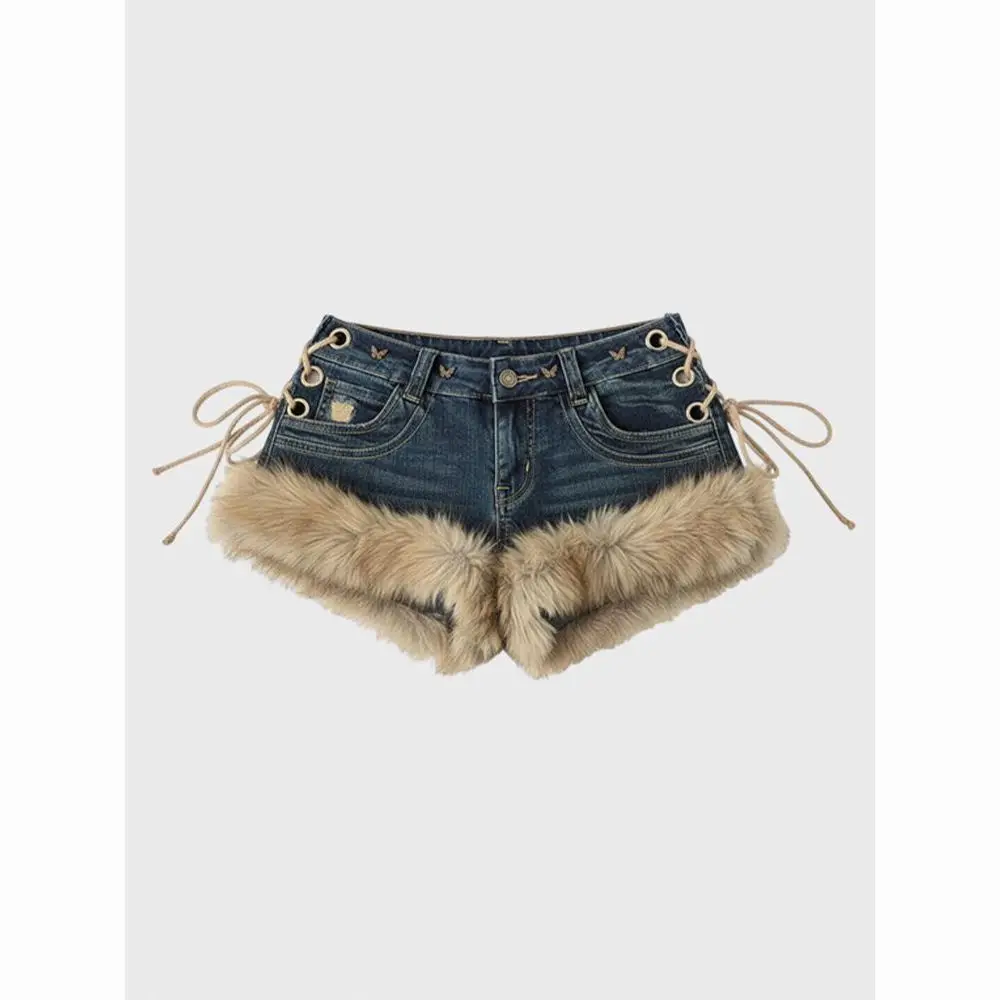 Women's Faux Fur Trim Low Rise Denim Shorts Grommet Lace-Up Sides, Retro Washed, Y2K Party & Clubwear Hot Pants