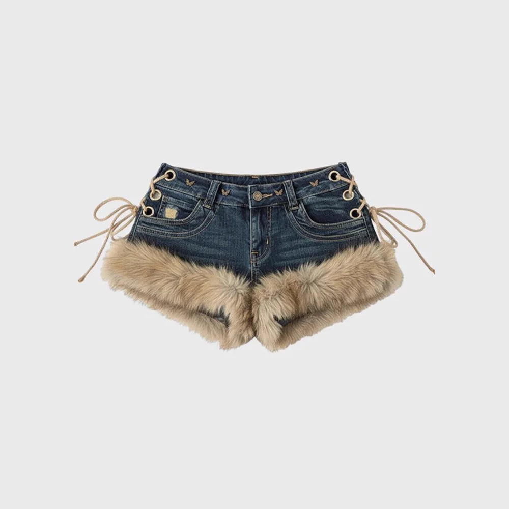 Women's Faux Fur Trim Low Rise Denim Shorts Grommet Lace-Up Sides, Retro Washed, Y2K Party & Clubwear Hot Pants