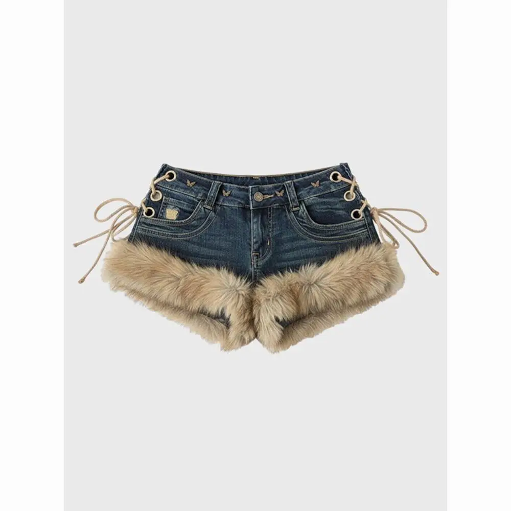 Women's Faux Fur Trim Low Rise Denim Shorts Grommet Lace-Up Sides, Retro Washed, Y2K Party & Clubwear Hot Pants