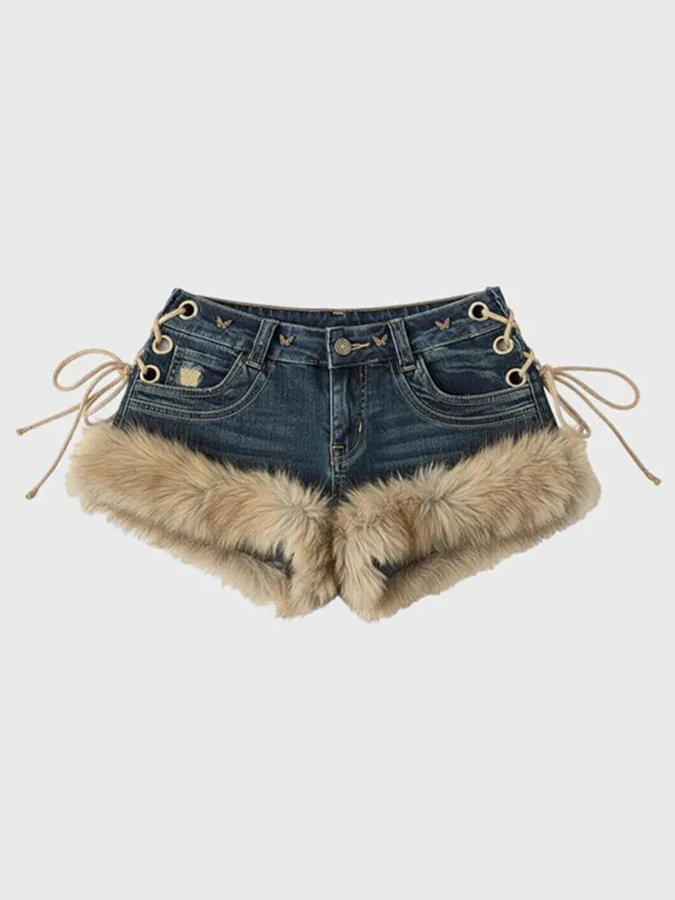 Women's Faux Fur Trim Low Rise Denim Shorts Grommet Lace-Up Sides, Retro Washed, Y2K Party & Clubwear Hot Pants
