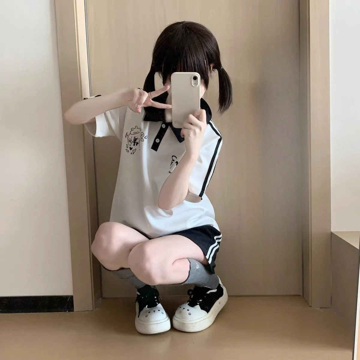 Japanese Bone Printing Casual Shorts for Women 2025 Patchwork High Waist Loose Wide Leg Pants Y2k Aesthetic Grunge Pantalones