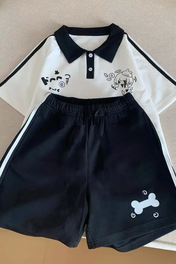 Japanese Bone Printing Casual Shorts for Women 2025 Patchwork High Waist Loose Wide Leg Pants Y2k Aesthetic Grunge Pantalones
