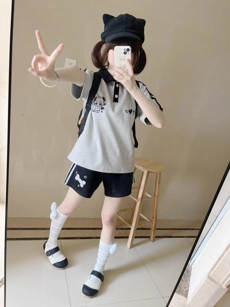 Japanese Bone Printing Casual Shorts for Women 2025 Patchwork High Waist Loose Wide Leg Pants Y2k Aesthetic Grunge Pantalones