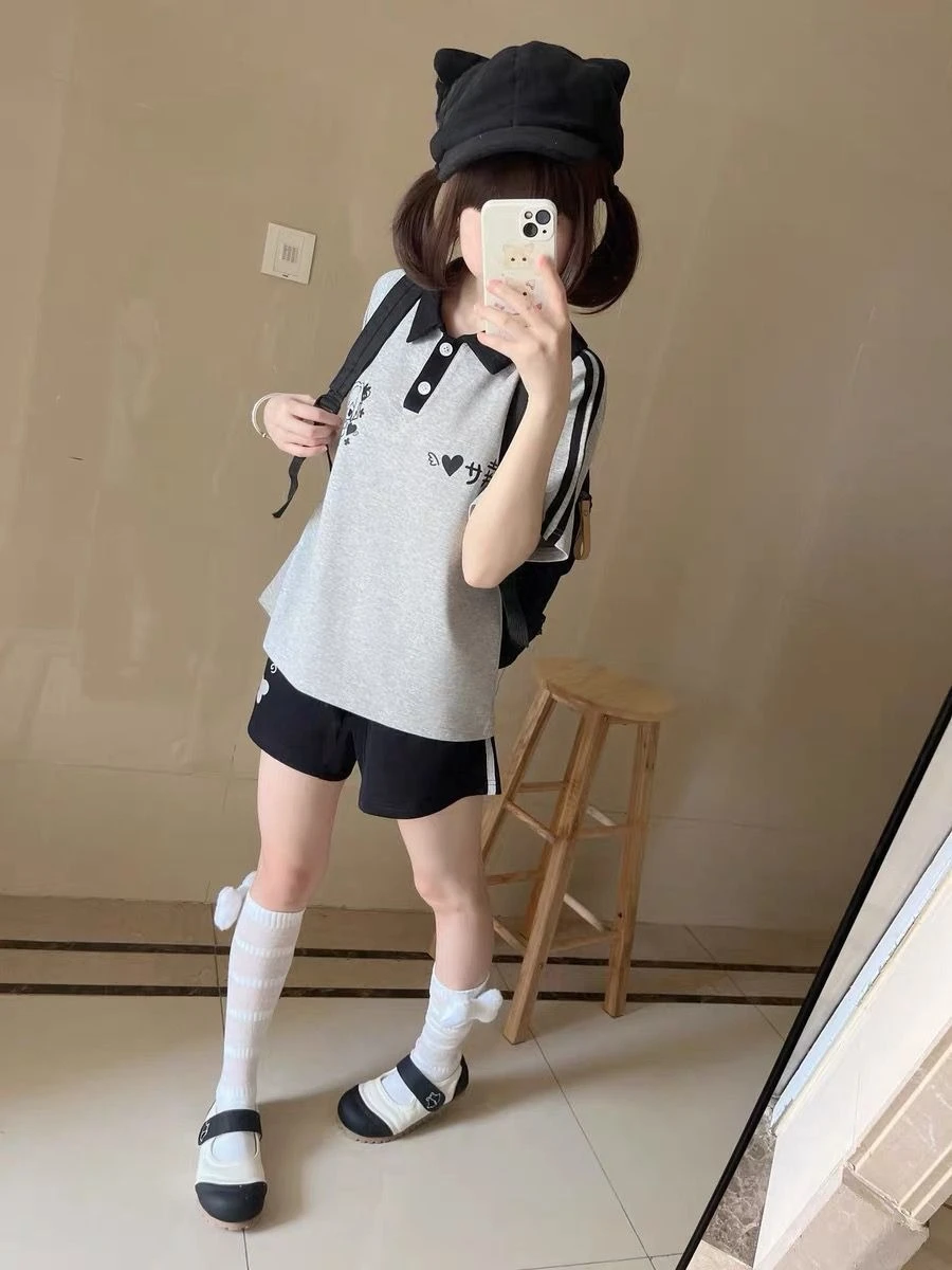 Japanese Bone Printing Casual Shorts for Women 2025 Patchwork High Waist Loose Wide Leg Pants Y2k Aesthetic Grunge Pantalones