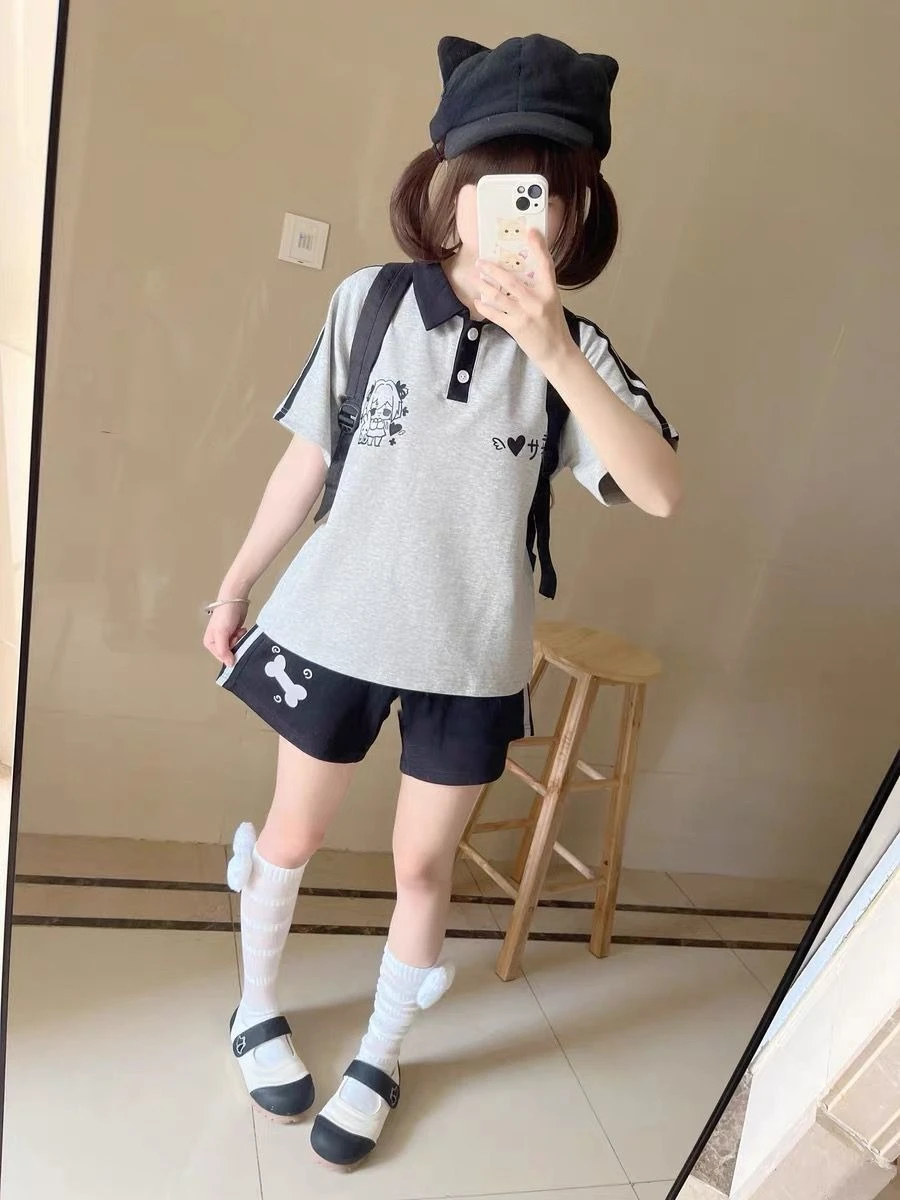 Japanese Bone Printing Casual Shorts for Women 2025 Patchwork High Waist Loose Wide Leg Pants Y2k Aesthetic Grunge Pantalones