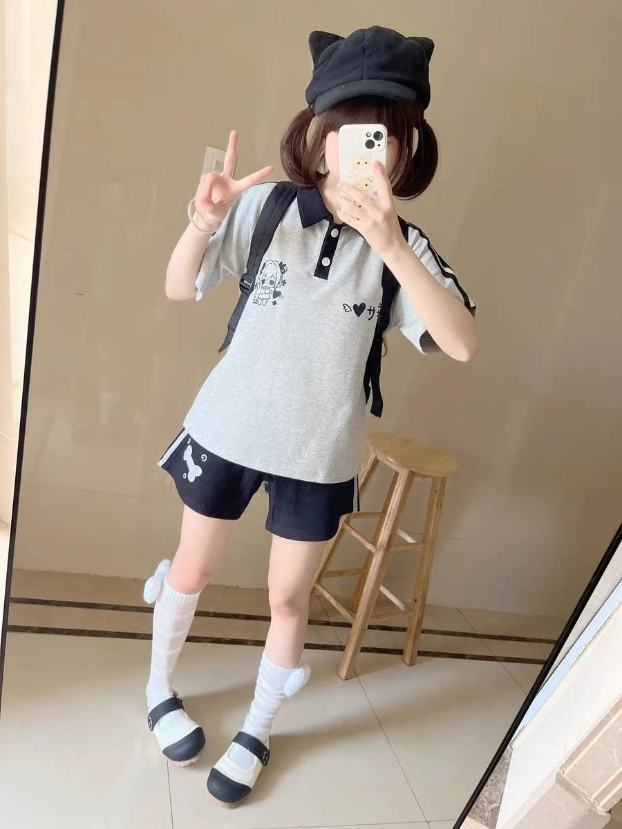 Japanese Bone Printing Casual Shorts for Women 2025 Patchwork High Waist Loose Wide Leg Pants Y2k Aesthetic Grunge Pantalones