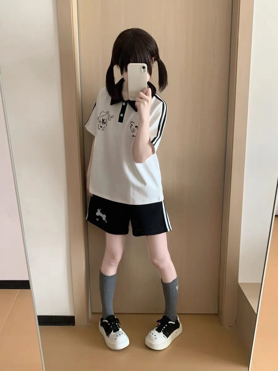 Japanese Bone Printing Casual Shorts for Women 2025 Patchwork High Waist Loose Wide Leg Pants Y2k Aesthetic Grunge Pantalones