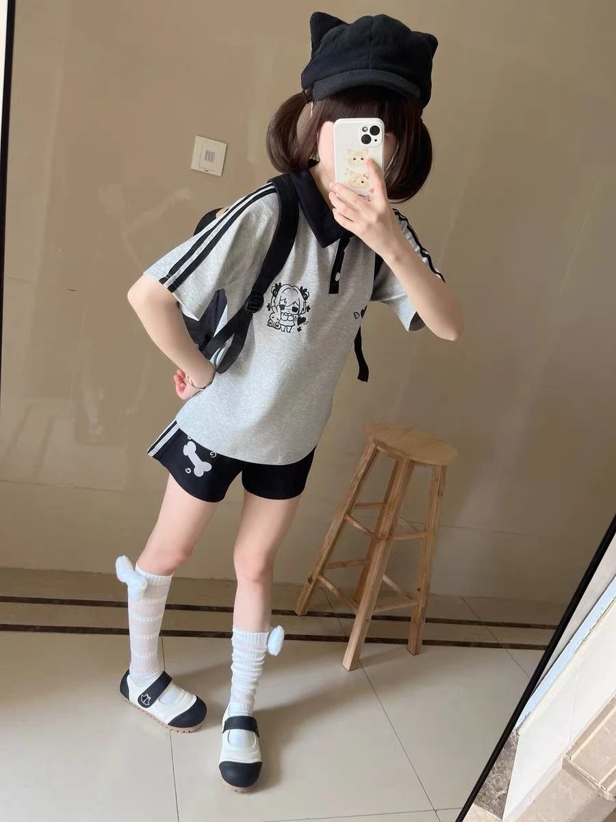 Japanese Bone Printing Casual Shorts for Women 2025 Patchwork High Waist Loose Wide Leg Pants Y2k Aesthetic Grunge Pantalones