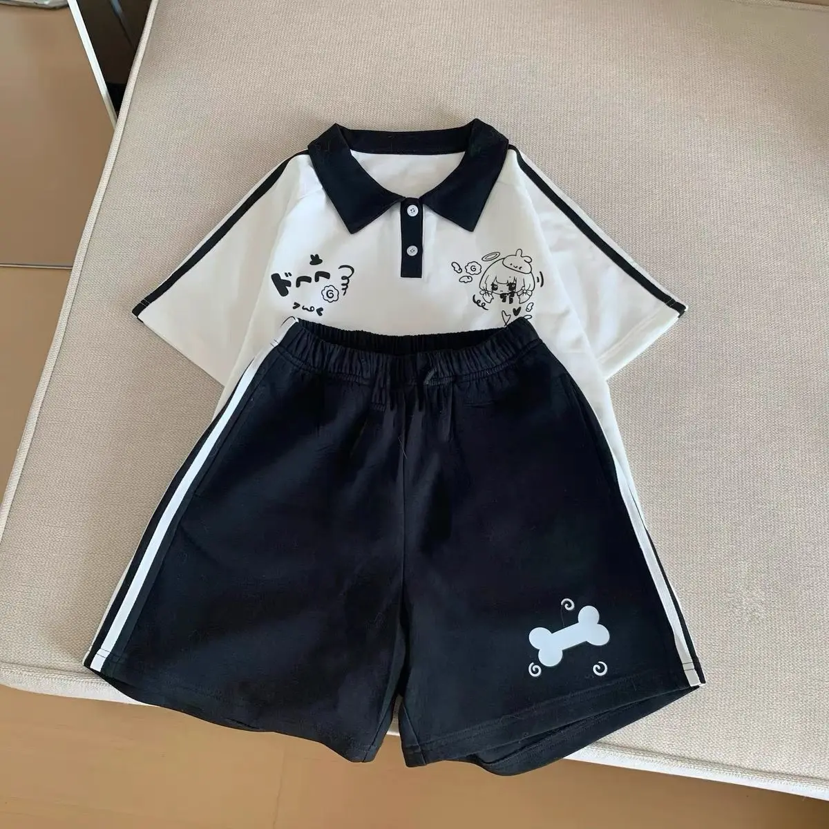 Japanese Bone Printing Casual Shorts for Women 2025 Patchwork High Waist Loose Wide Leg Pants Y2k Aesthetic Grunge Pantalones