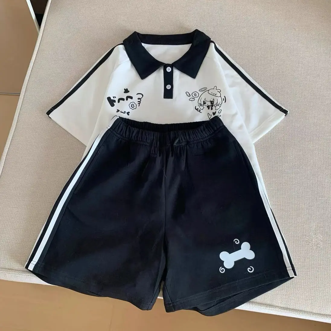 Japanese Bone Printing Casual Shorts for Women 2025 Patchwork High Waist Loose Wide Leg Pants Y2k Aesthetic Grunge Pantalones